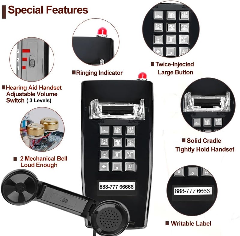 HTMengt Traditional Wall Phone (Hearing Aid Compatible),2554 Wall Telephone Ringing Indicator,Retro Wall Phones for Landline Mechanical Ring,Old Wall Mount Telephone for School,Home,Kitchen,Black - Image 1